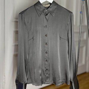 S 100% Silk Michael Kors MK shirt long sleeve, grey metal, shiny